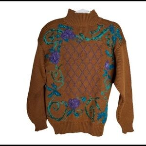 Vintage Caren Sport Brown Floral Ugly Chunky Knit Sweater